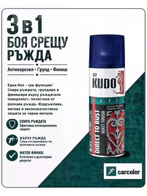 KUDO BU-315005 Грунд-емайл върху ръжда 3 в 1, RAL 5005 сигнално синьо мат, 400 мл