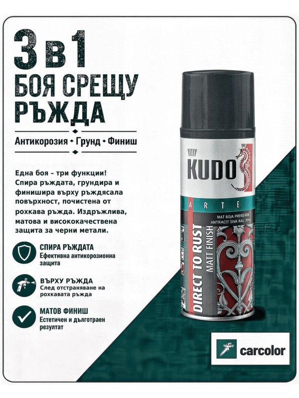 KUDO BU-317016 Грунд-емайл върху ръжда 3 в 1, RAL 7016 антрацитно сиво мат, 400 мл