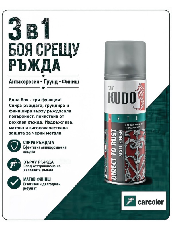 KUDO BU-317042 Грунд-емайл върху ръжда 3 в 1, RAL 7042 транспортно сиво мат, 400 мл