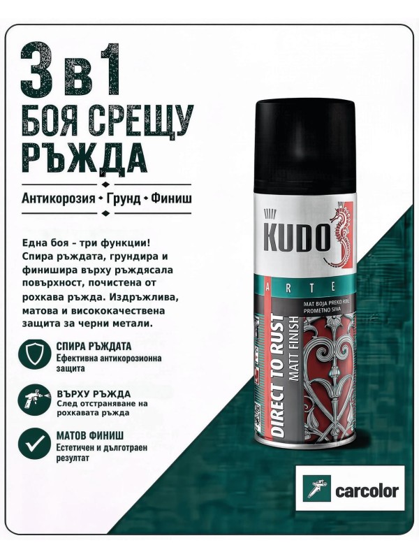 KUDO BU-319005 Грунд-емайл върху ръжда 3 в 1, RAL 9005 смолисто черно мат, 400 мл